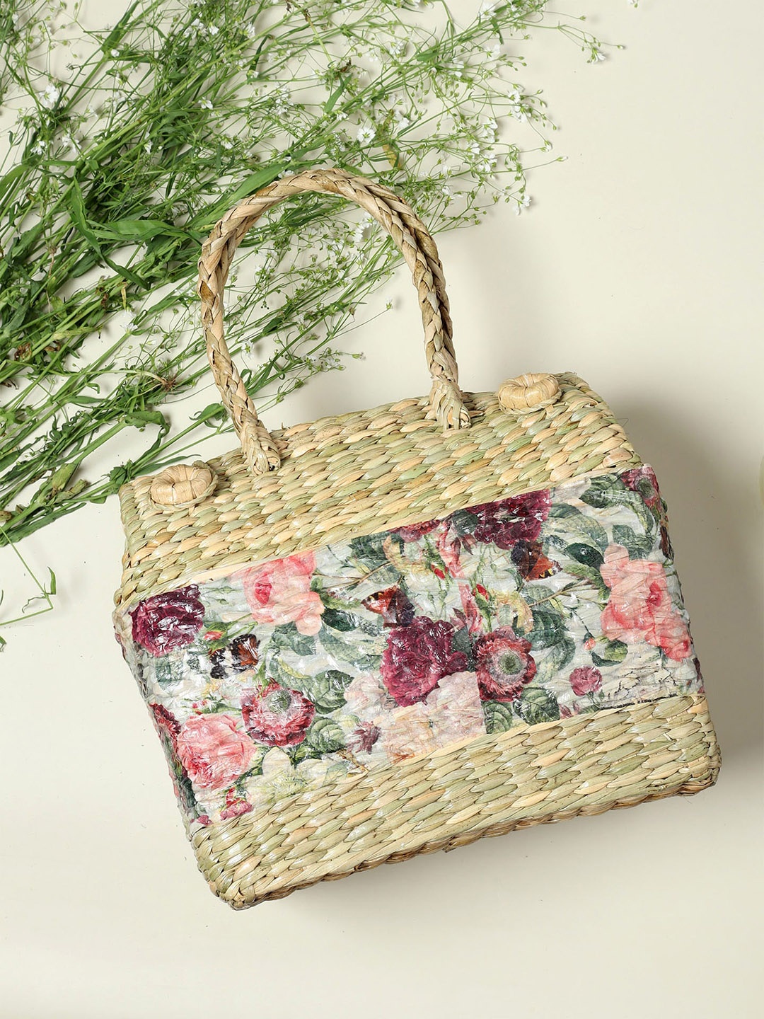 

HABERE INDIA Beige Print Weaved Straw Storage Basket