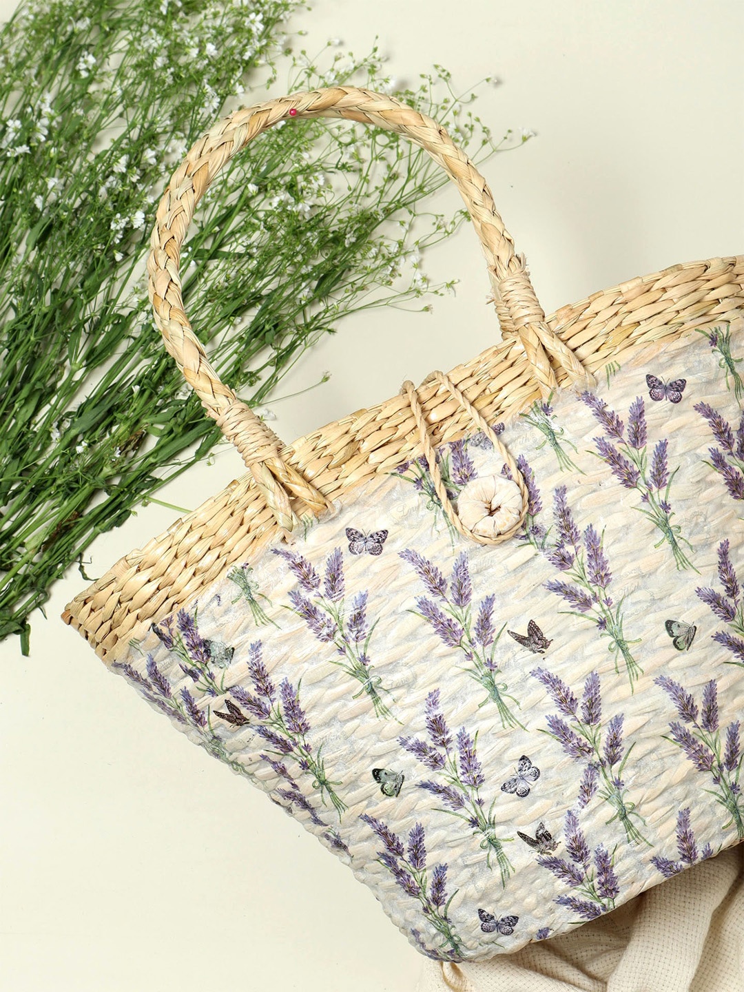 

HABERE INDIA Beige & Purple Grass Storage Basket