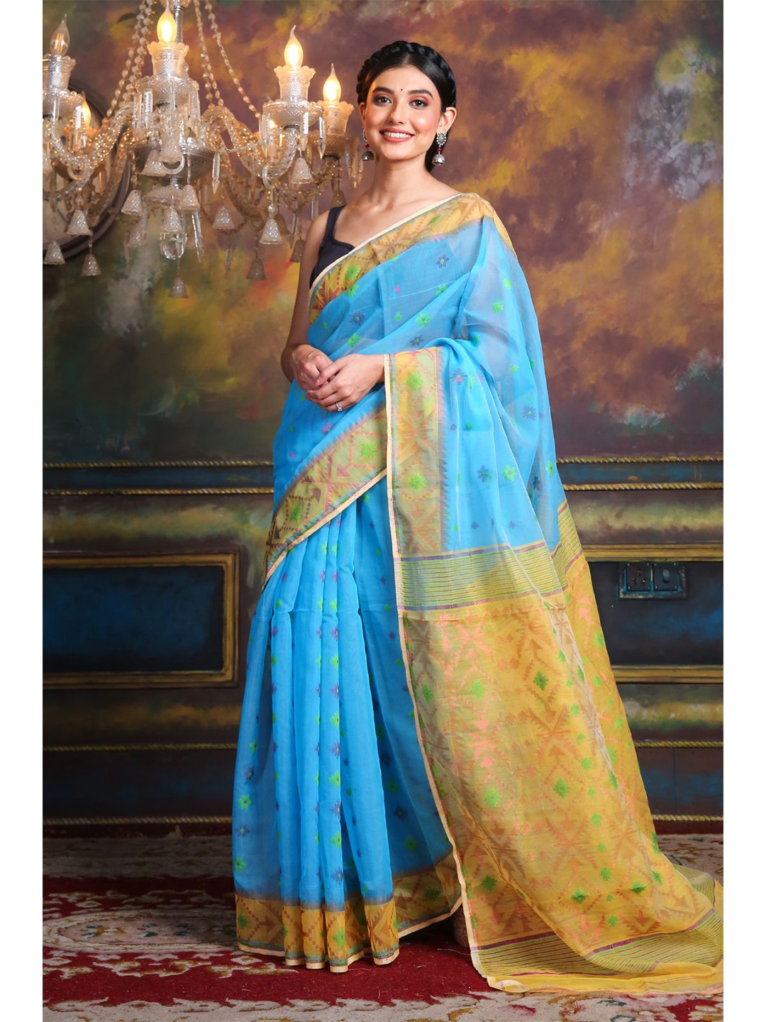 

Charukriti Orange & Blue Woven Design Jamdani Saree