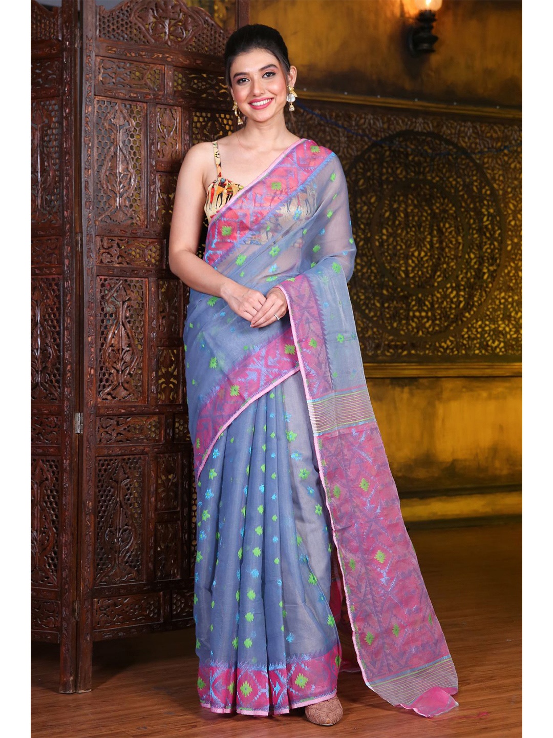 

Charukriti Blue & Pink Woven Design Silk Cotton Handwoven Jamdani Saree