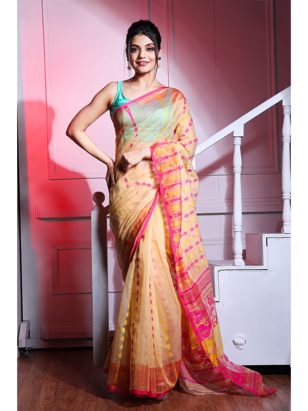 

Charukriti Mustard & Pink Embellished Jamdani Saree