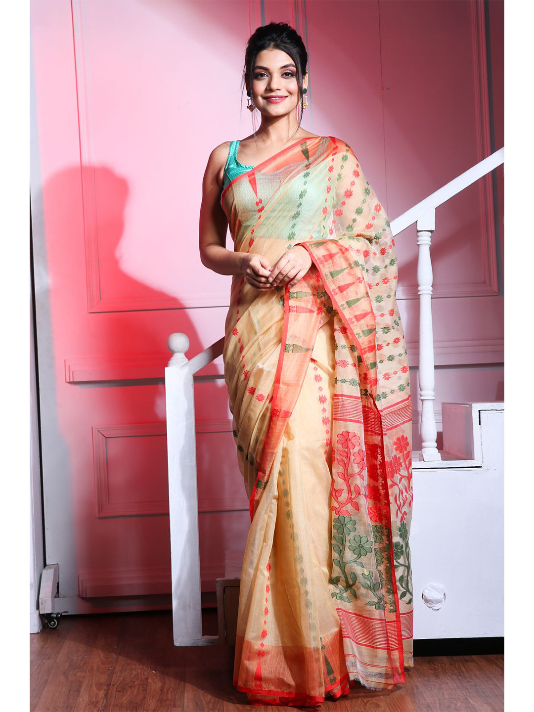 

Charukriti Women Beige Woven Design Silk Cotton Jamdani Saree