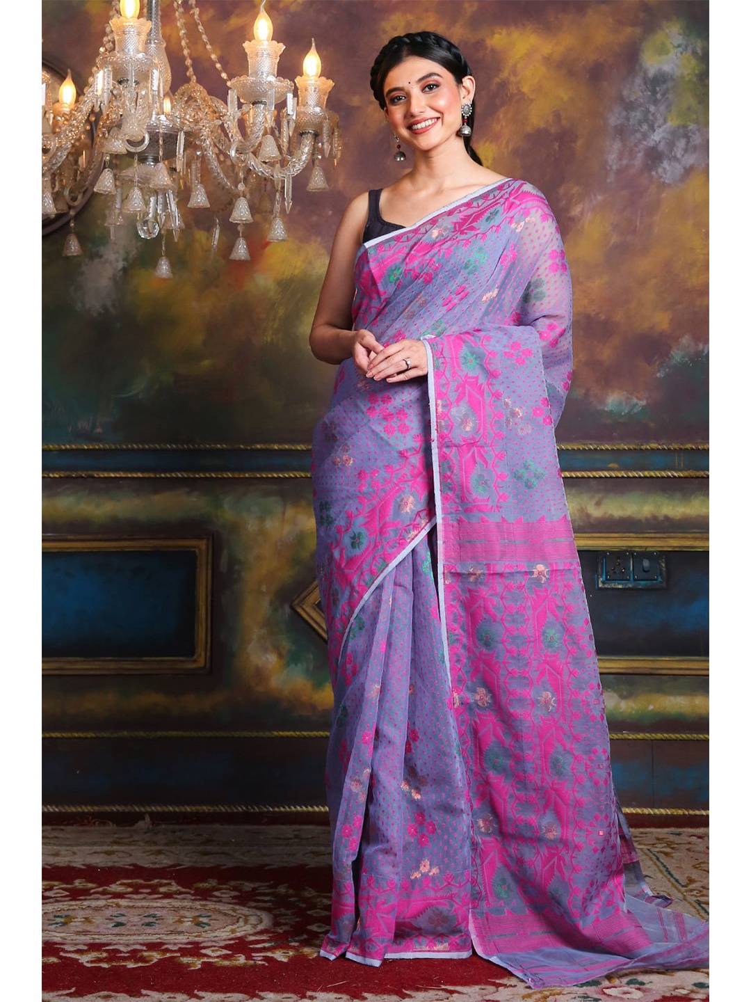 

Charukriti Grey & Pink Woven Design Silk Cotton Jamdani Saree