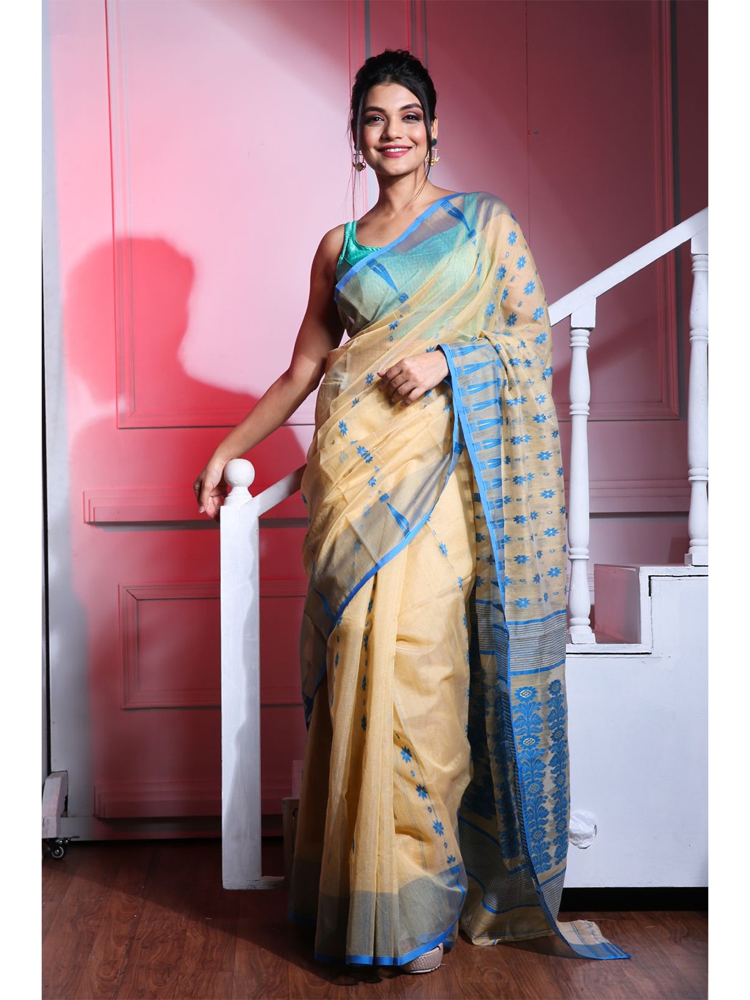 

Charukriti Beige & Blue Woven Design Jamdani Saree