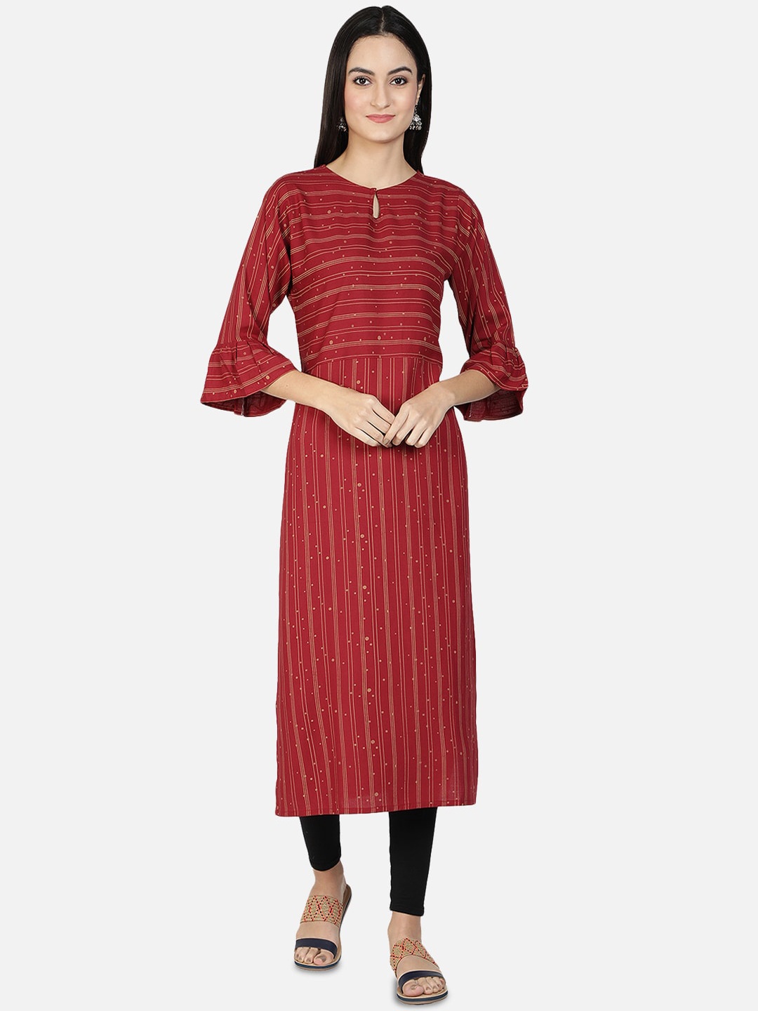 

Fabclub Women Maroon Striped Keyhole Neck Flared Sleeves Kurta