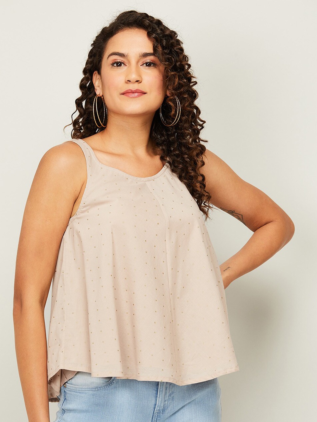 

Melange by Lifestyle Beige Self Design Pure Cotton A-Line Top