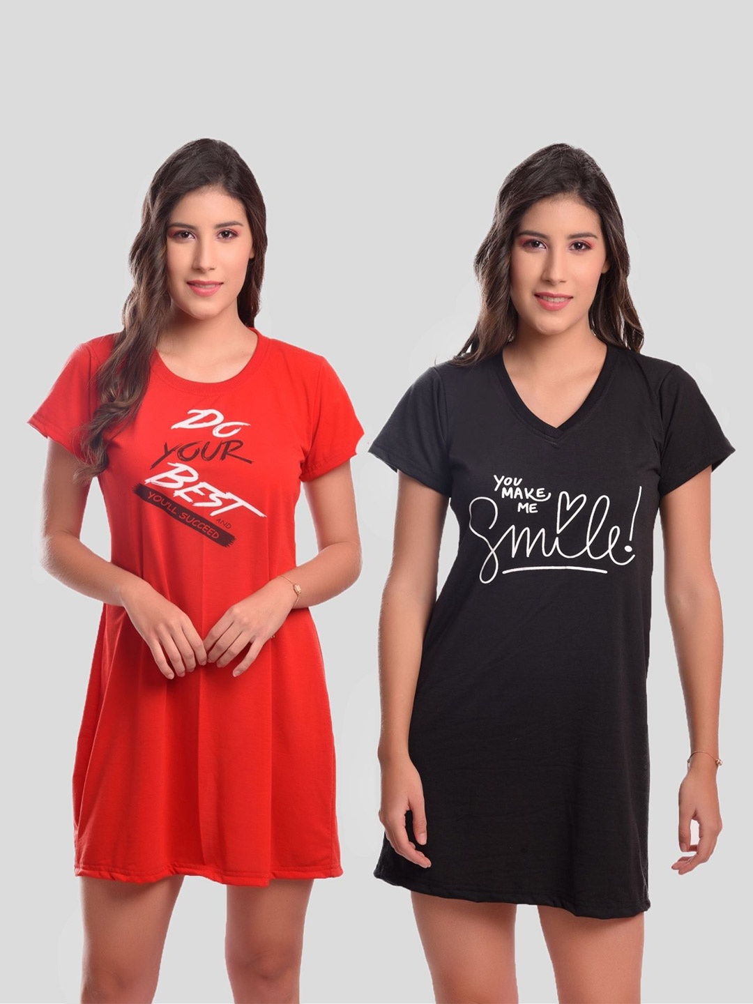 

CIERGE Pack Of 2 Pure Cotton Printed Nightdress, Red