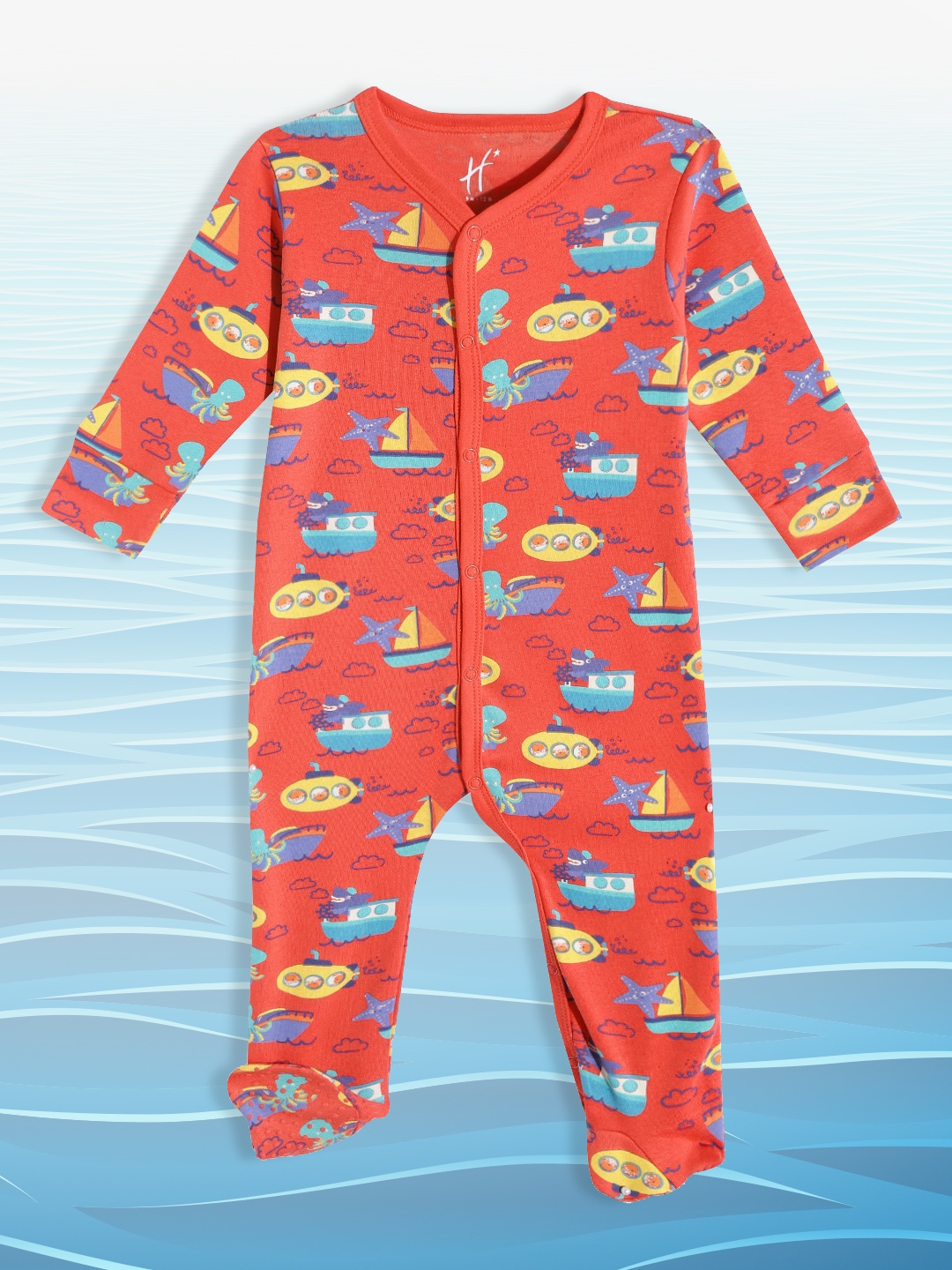 

H By Hamleys Boys Red & Yellow Pure Cotton Conversational Print Sleepsuit