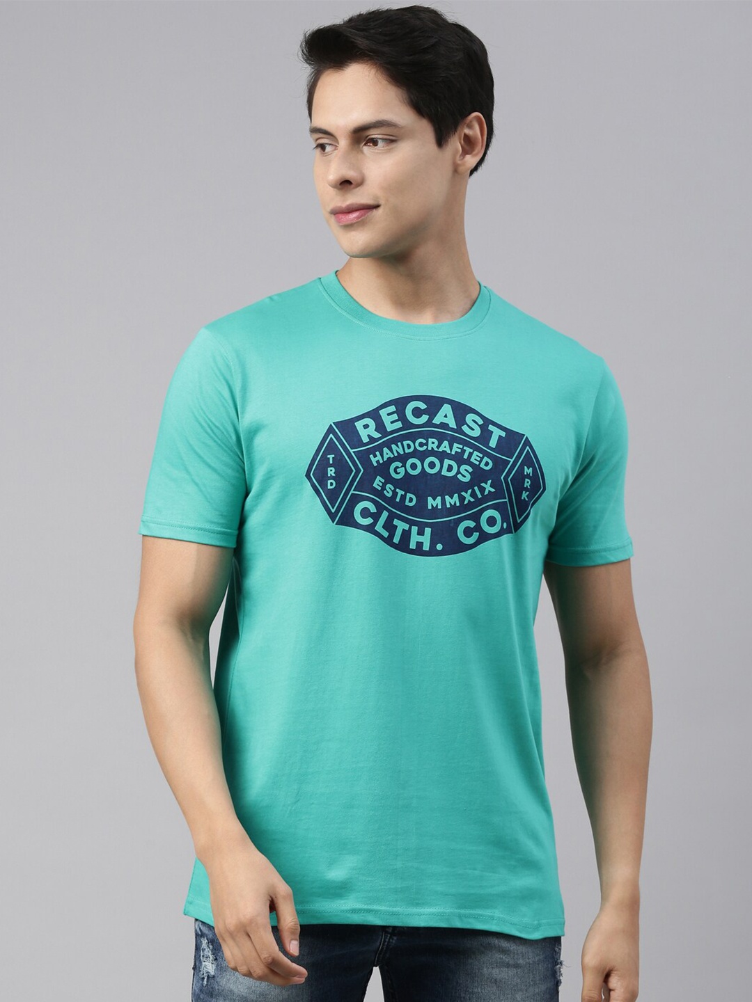 

recast Men Sea Green Printed Pure Cotton T-shirt