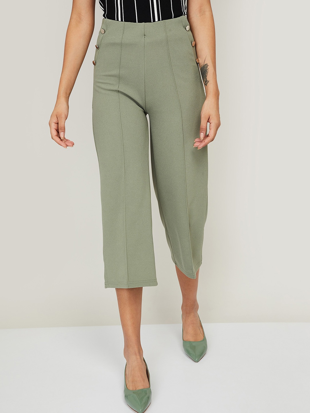 

CODE by Lifestyle Women Green High-Rise Pleated Culottes Trousers