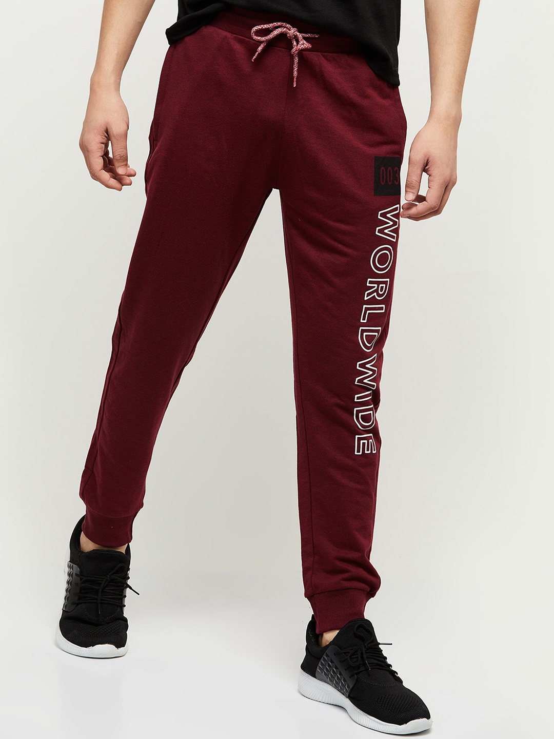 

max Men Maroon & White Typography Printed Joggers