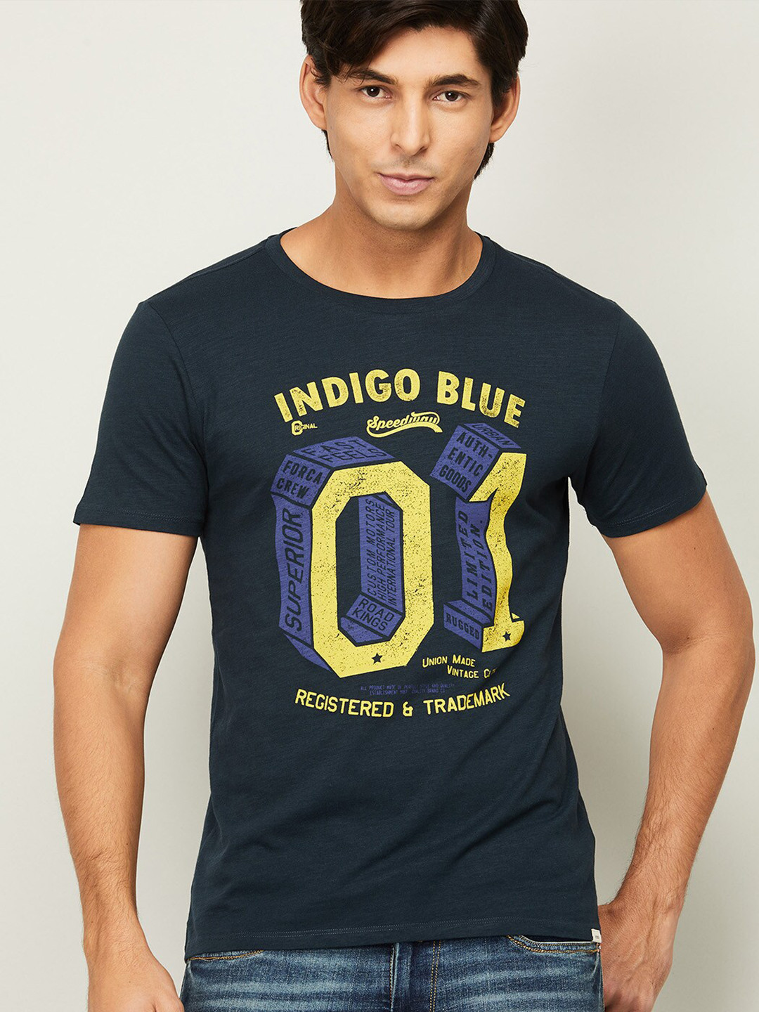 

Forca by Lifestyle Men Navy Blue Typography Printed Cotton T-shirt