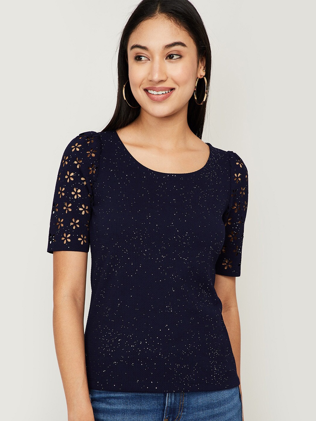 

CODE by Lifestyle Navy Blue Self Design Regular Top