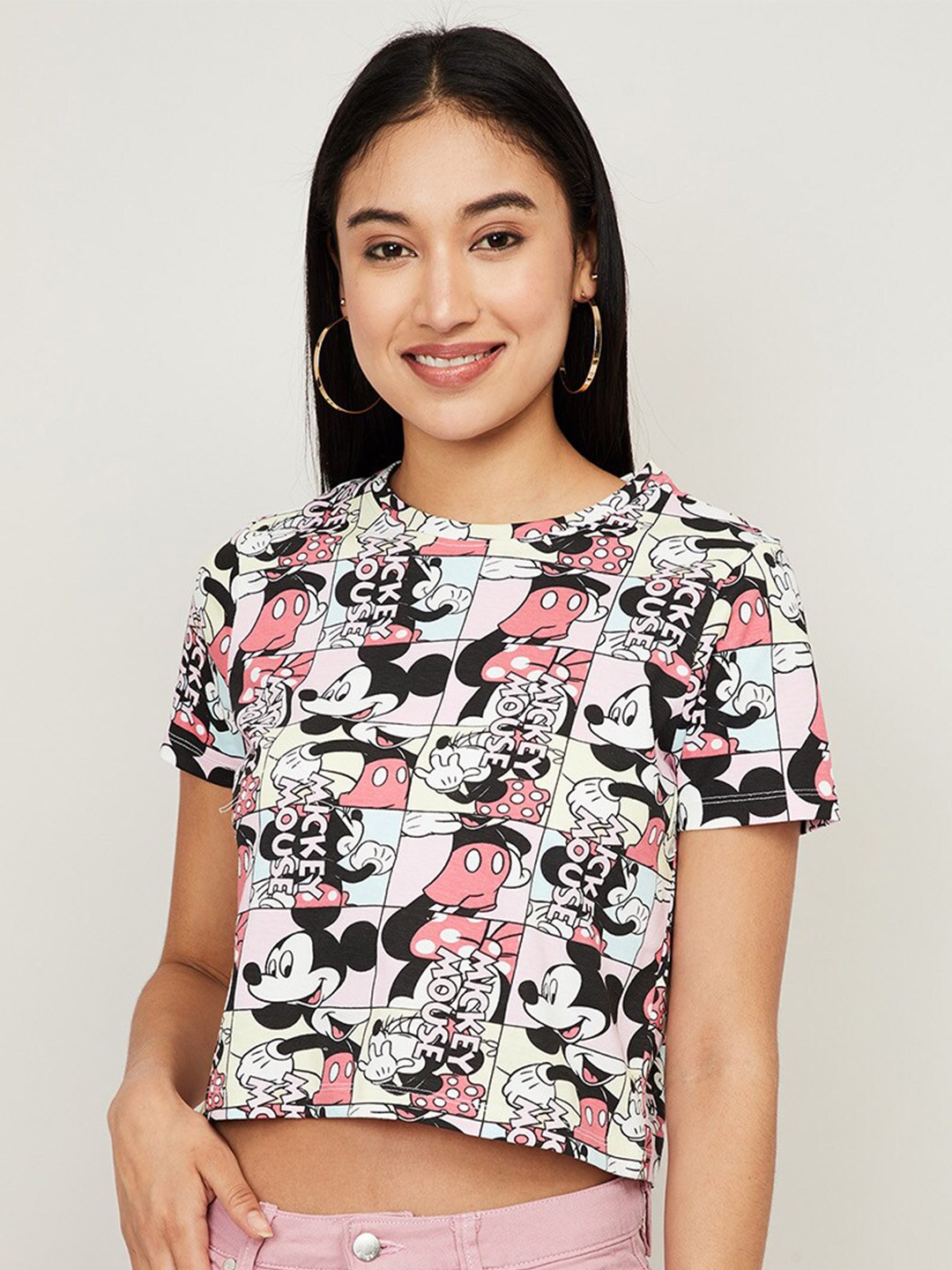 

Ginger by Lifestyle Off White & Black Mickey Mouse Print Pure Cotton Crop T-shirt