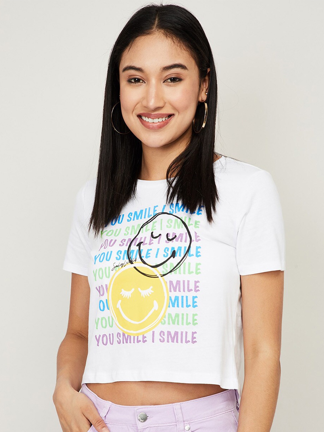 

SmileyWorld Women White Print Cotton Crop Top