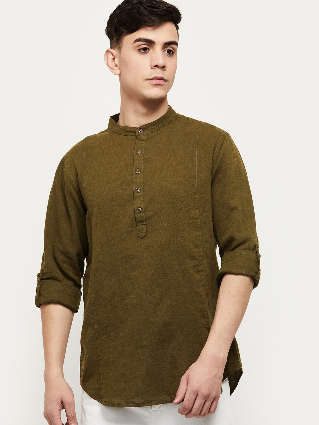 

max Men Olive Green Straight Kurta