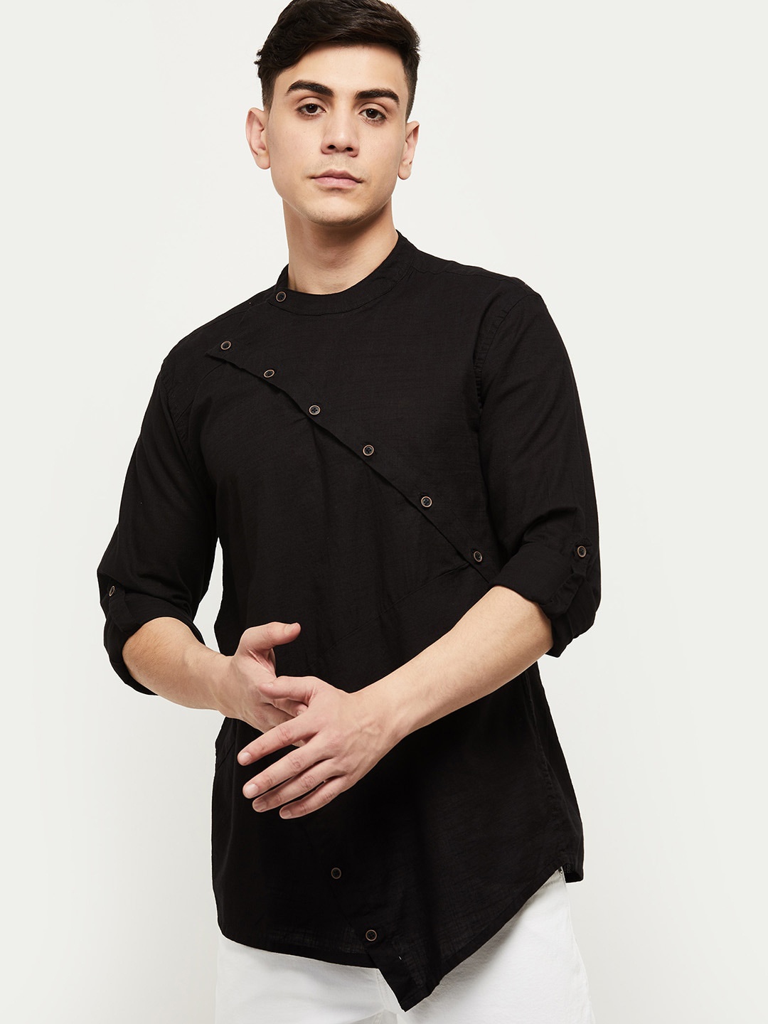 

max Men Black Solid Asymmetric Cotton Kurta