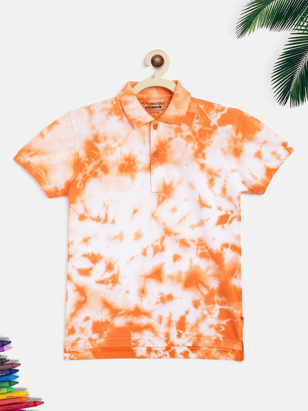 

Lil Tomatoes Boys Orange Printed Polo Collar Pure Cotton Outdoor T-shirt