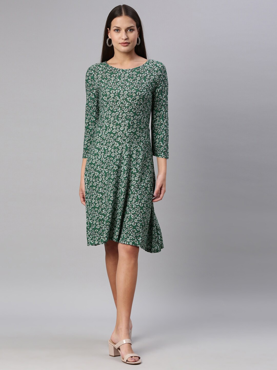 

YCANF Green Floral Printed Knee Length A-Line Dress