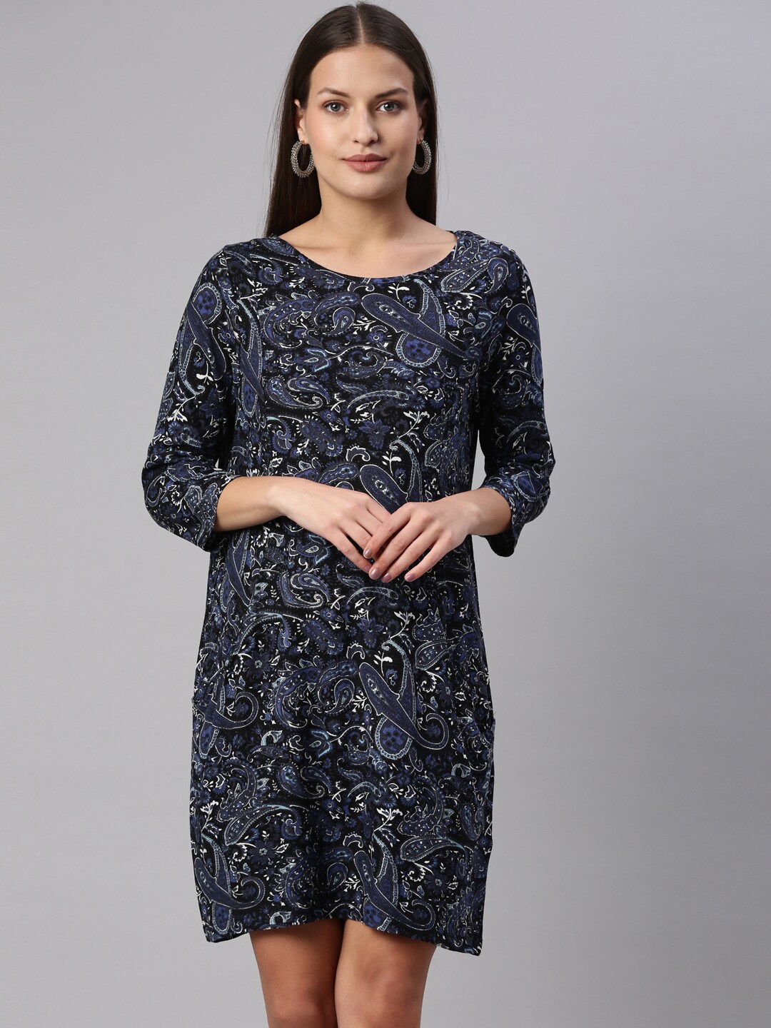 

YCANF Navy Blue & White Ethnic Motifs Printed A-Line Dress