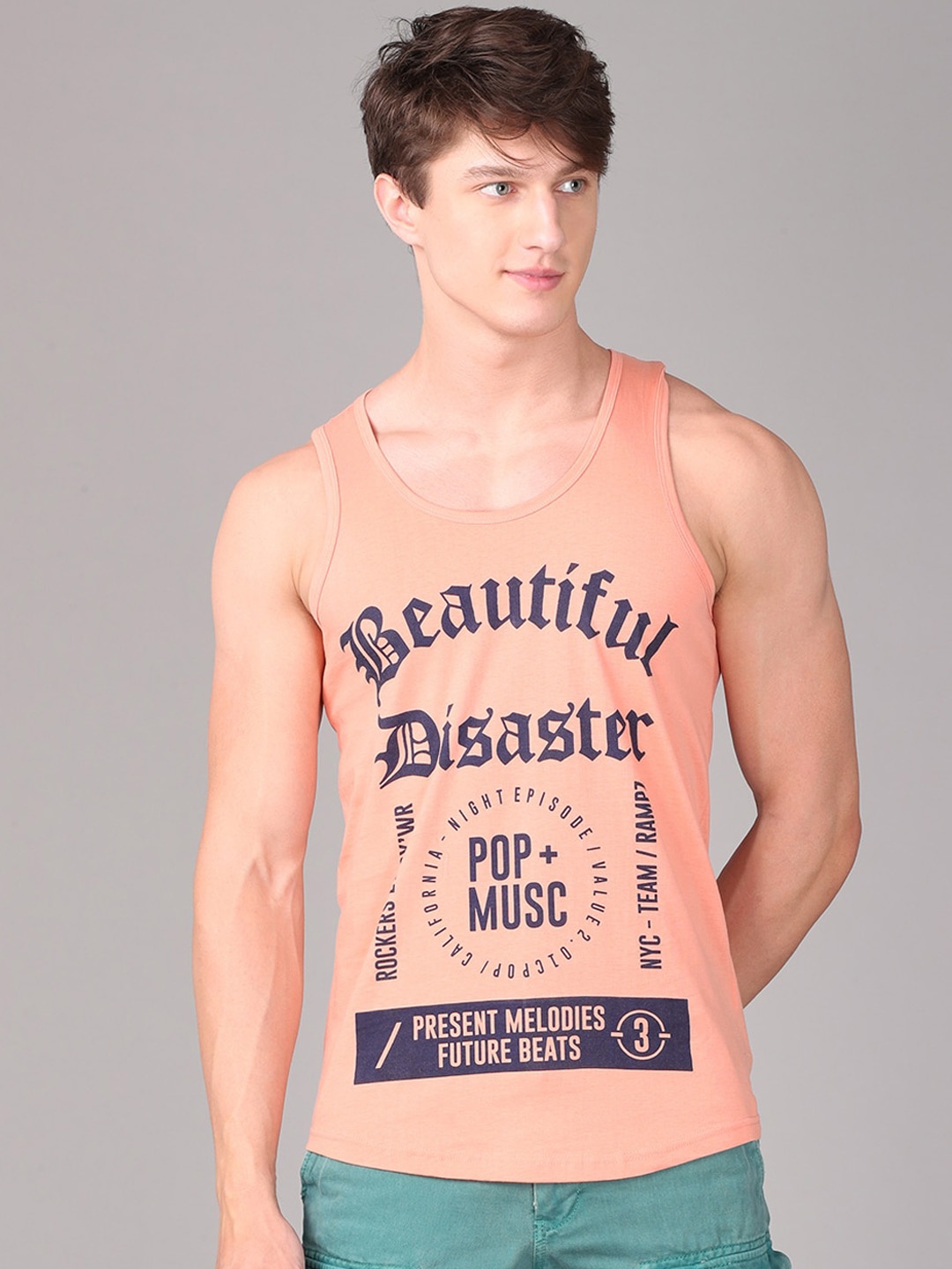 

IMYOUNG Men Peach-Coloured Typography Printed Innerwear Vests
