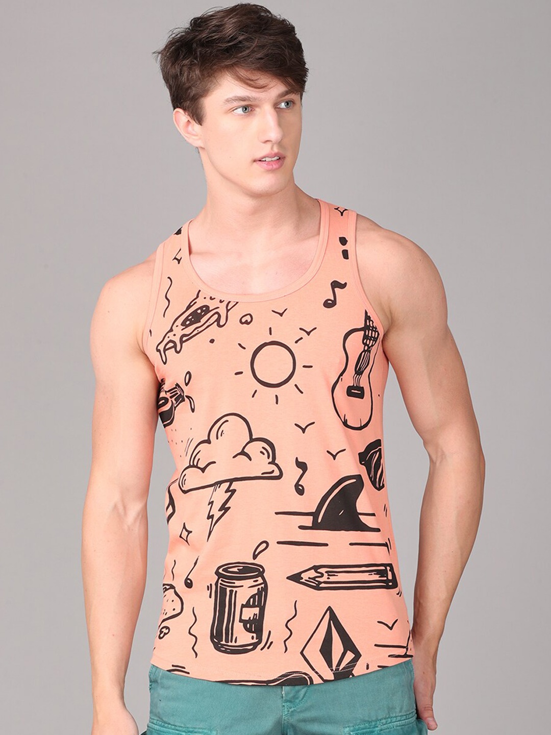 

IMYOUNG Men Coral & Black Printed T-shirt