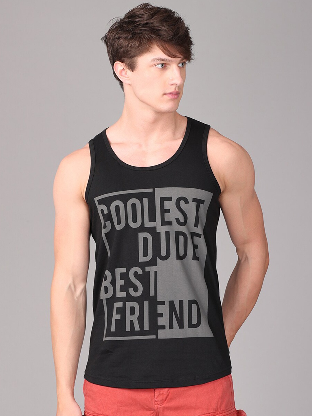 

IMYOUNG Men Black & Charcoal Typography Printed Innerwear Vests