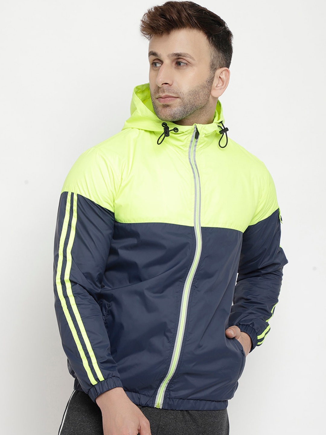 

PERFKT-U Men Navy Blue & Lime Green Colourblocked Windcheater Antimicrobial Outdoor Sporty Jacket