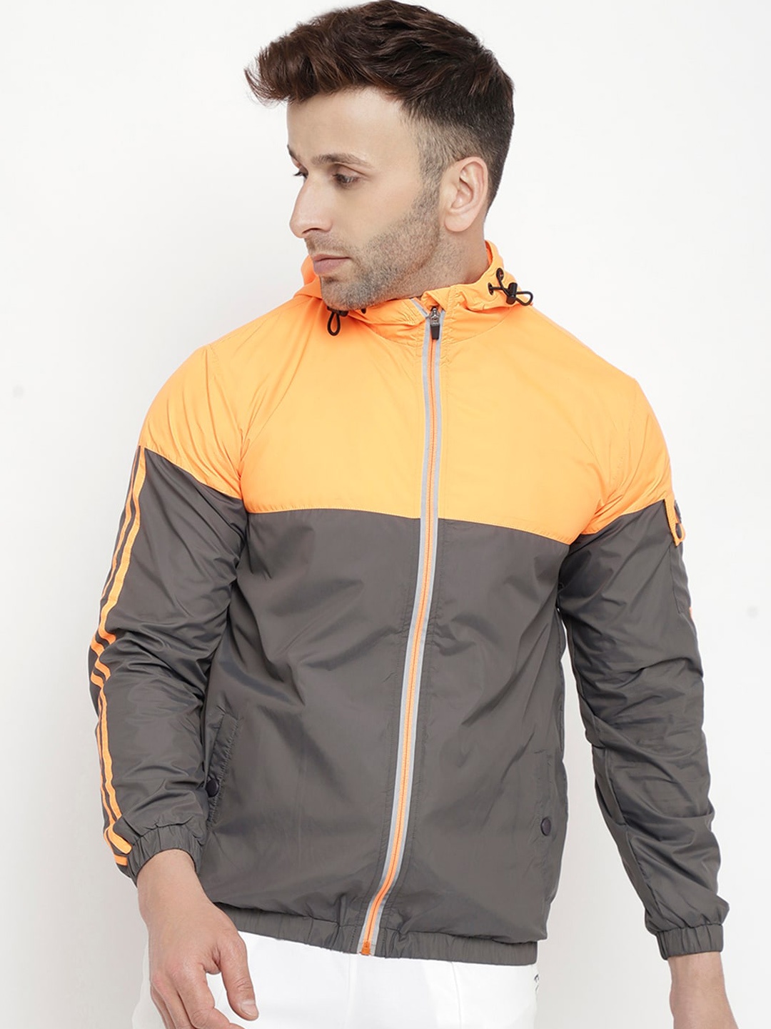 

PERFKT-U Men Grey Yellow Colourblocked Windcheater Antimicrobial Outdoor Padded Jacket