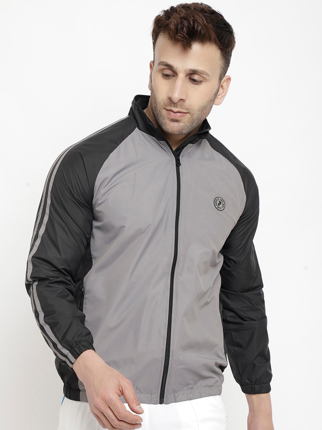 

PERFKT-U Men Grey Striped Windcheater Antimicrobial Crop Outdoor Bomber with Embroidered Jacket