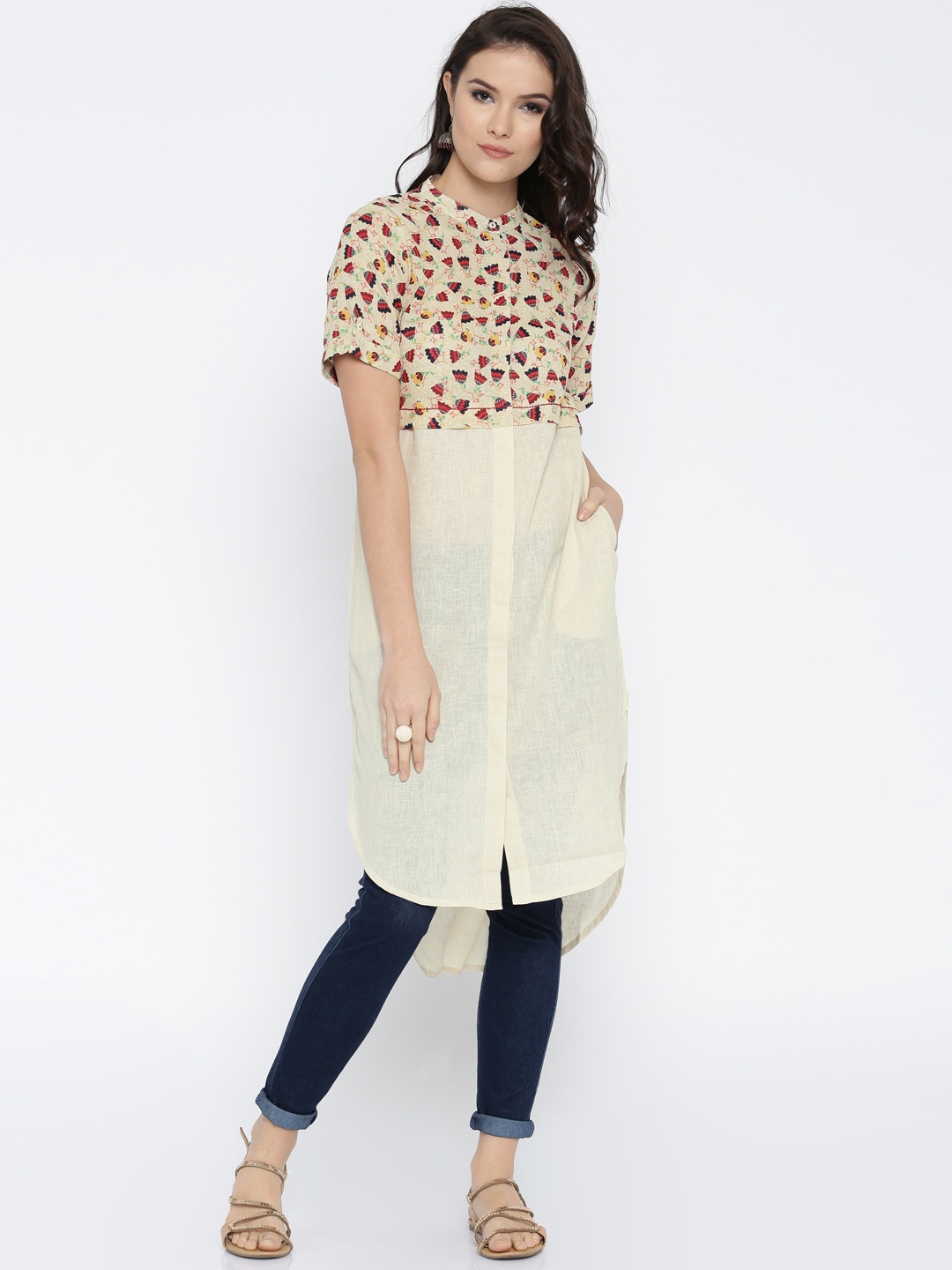 

Global Desi Women Beige Solid Straight Kurta