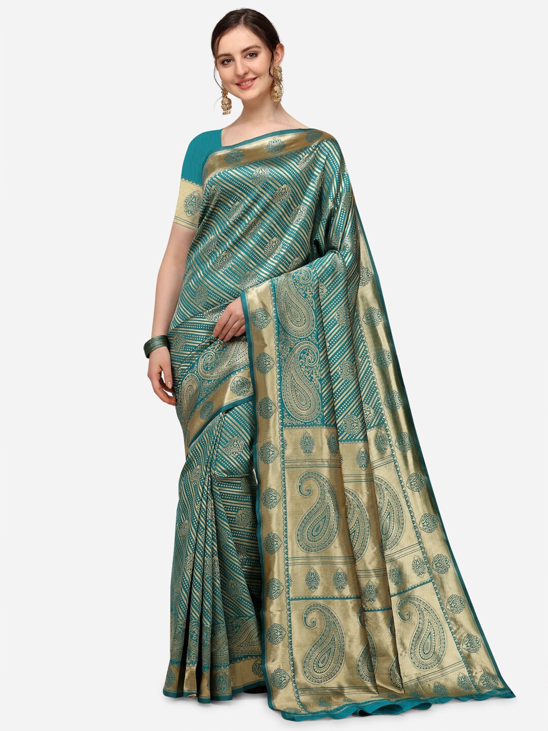 

Iris Teal & Off White Embellished Silk Blend Saree