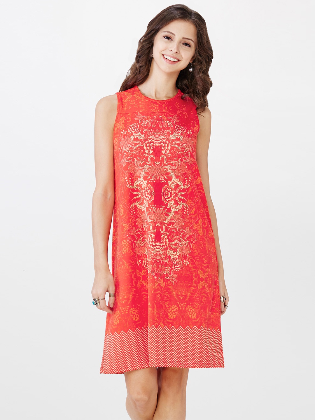 

Global Desi Orange Floral Print A-Line Dress