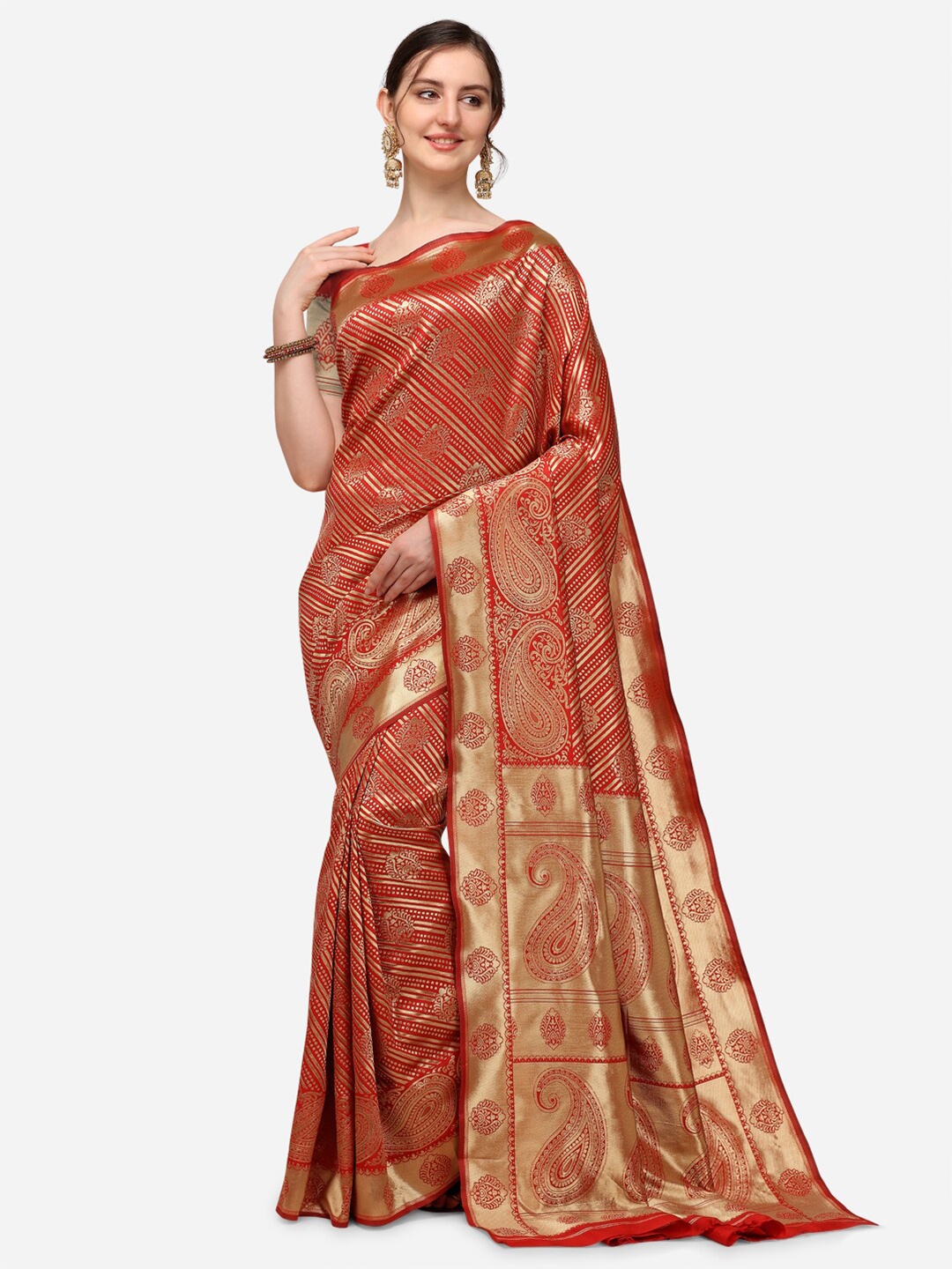 

Iris Red & Gold-Toned Woven Design Zari Silk Blend Saree