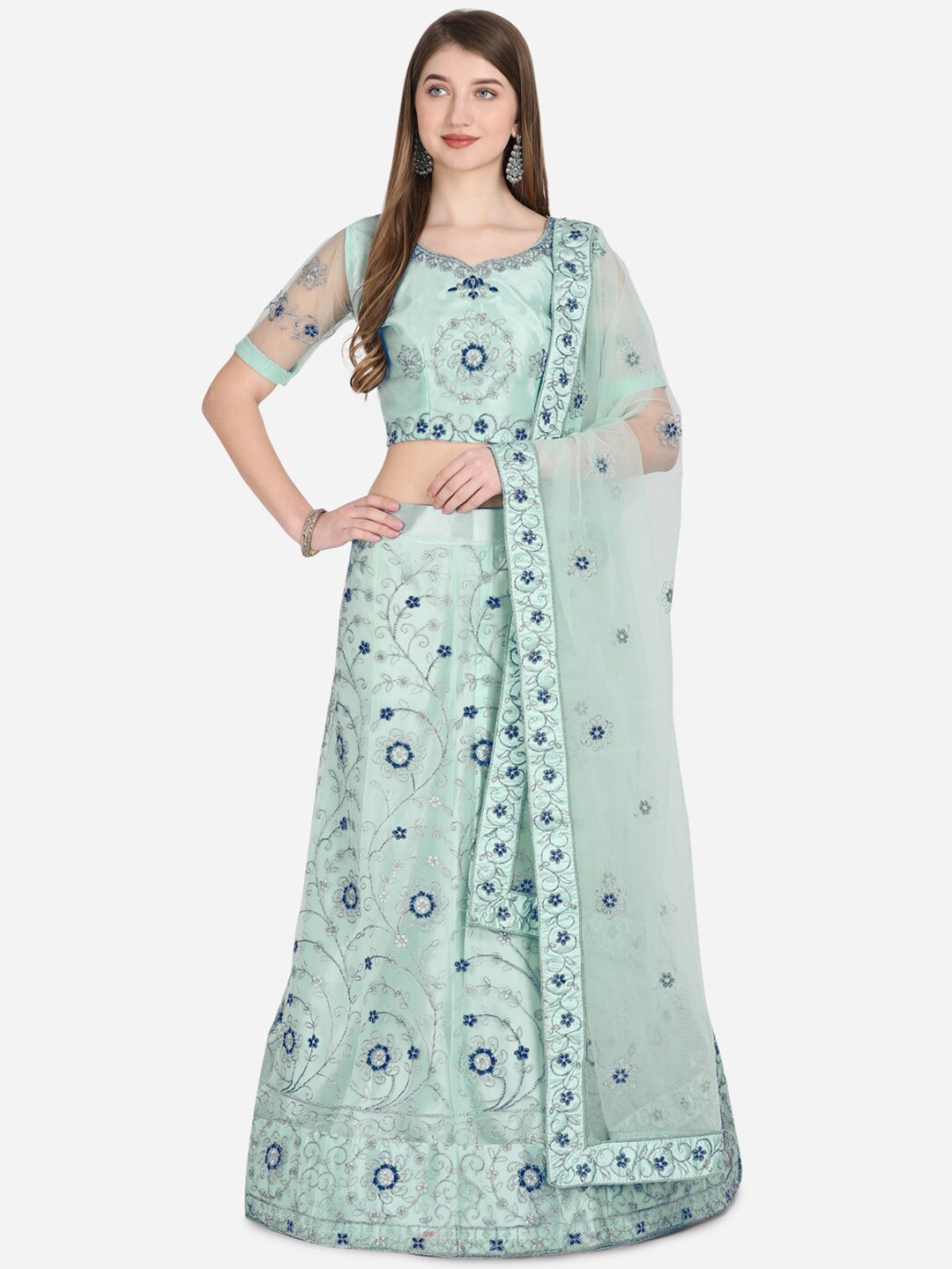 

VRSALES Turquoise Blue Embroidered Semi-Stitched Lehenga & Unstitched Blouse With Dupatta