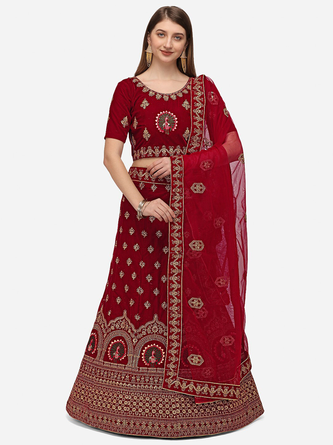 

VRSALES Maroon & Silver-Toned Embroidered Semi-Stitched Lehenga & Unstitched Blouse With Dupatta
