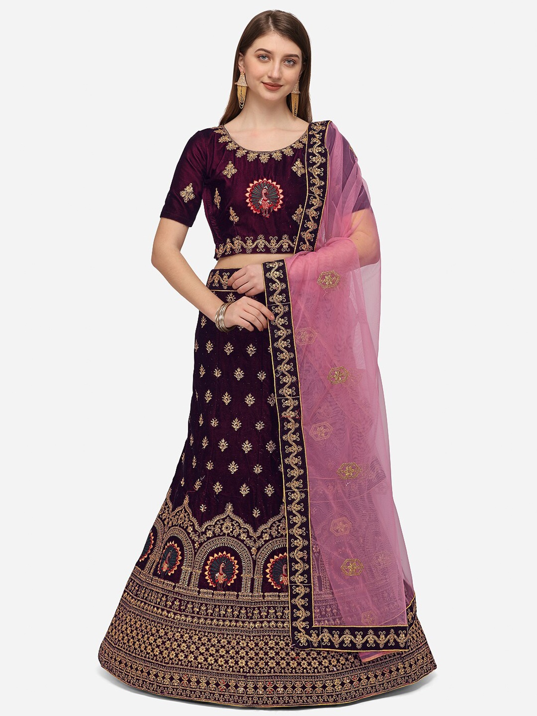

VRSALES Purple & Pink Embroidered Semi-Stitched Lehenga & Unstitched Blouse With Dupatta