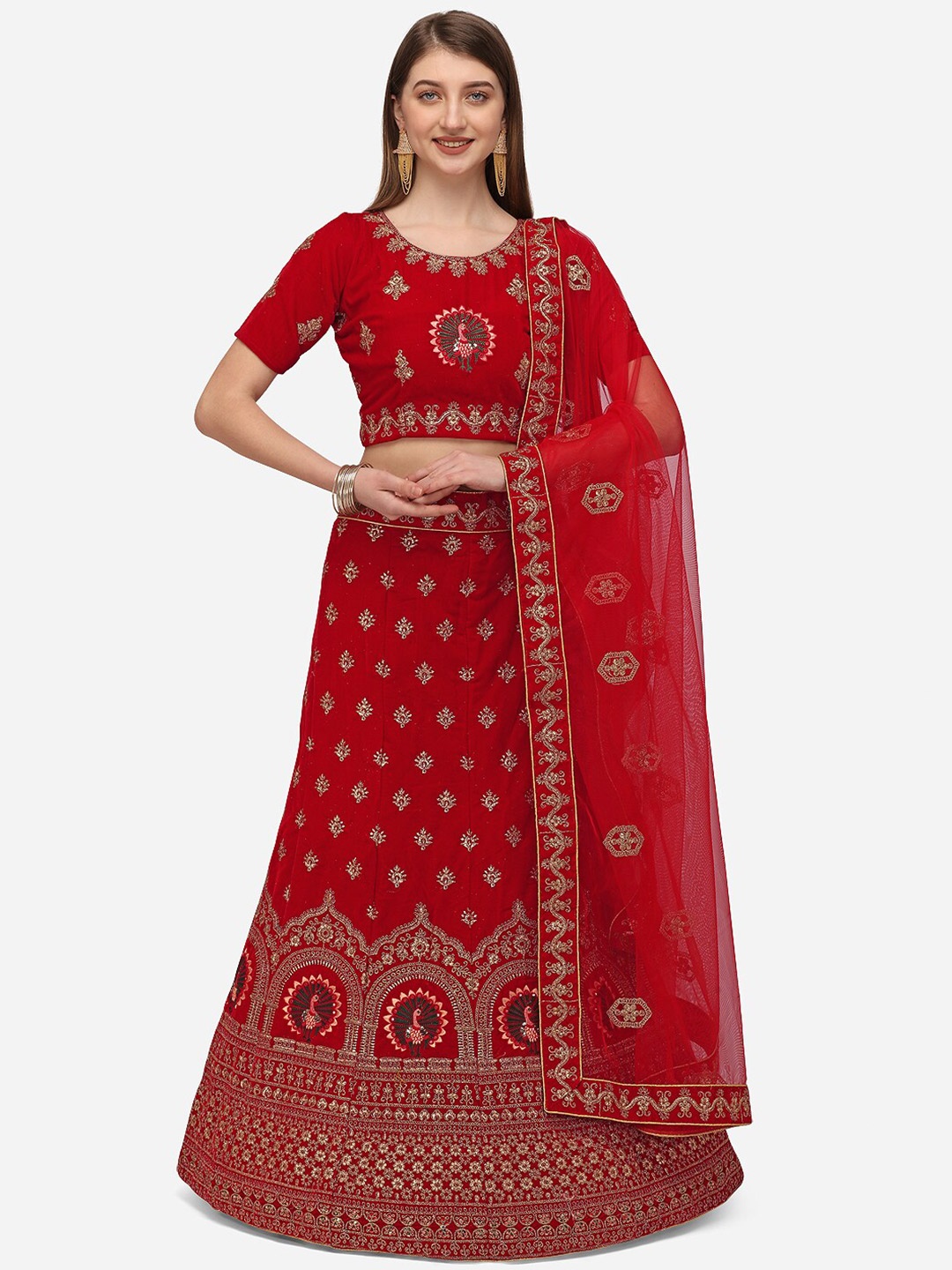 

VRSALES Red & Gold-Toned Embroidered Semi-Stitched Lehenga & Unstitched Blouse & Dupatta