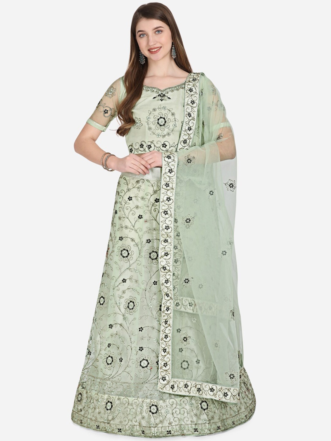 

VRSALES Lime Green Embroidered Semi-Stitched Lehenga & Unstitched Blouse With Dupatta