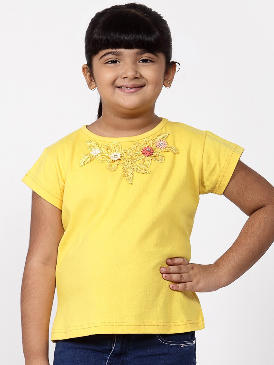 

NYNSH- PlusS Kids Girls Yellow Floral Embroidered Pure Cotton Top