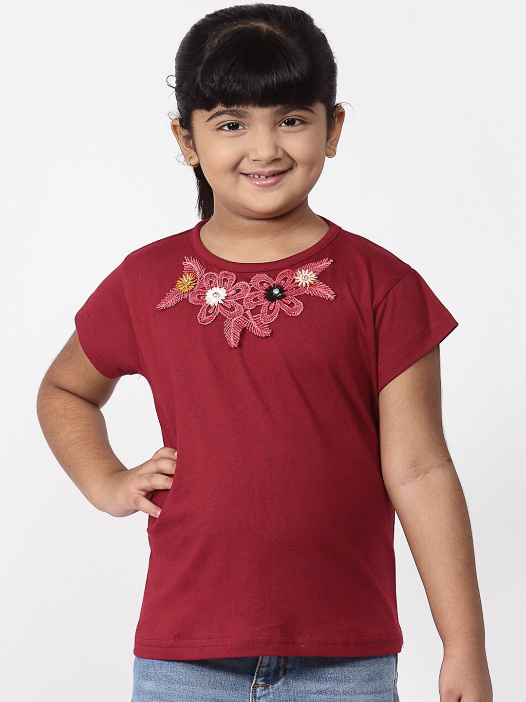 

NYNSH- PlusS Girls Kids Maroon Floral Embroidered Applique Cotton Top