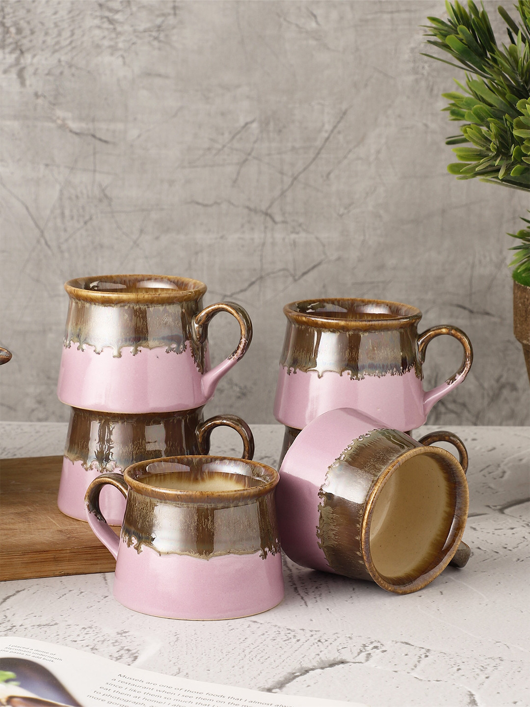 

MIAH Decor Set of 6 Pink & Brown Handcrafted Textured Stoneware Glossy Cups