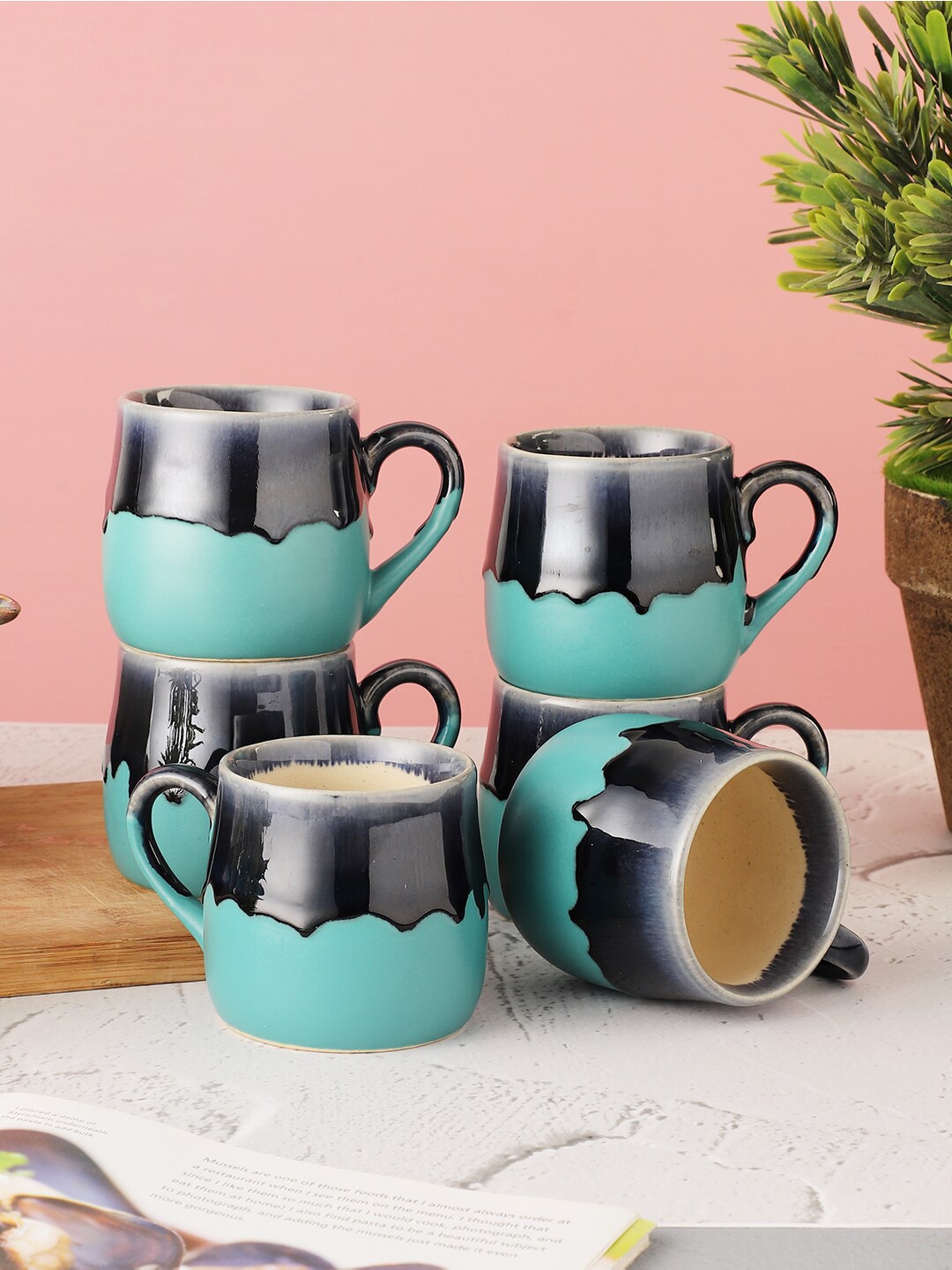 

MIAH Decor Pack of 6 Blue & Charcoal Textured Stoneware Glossy Cups