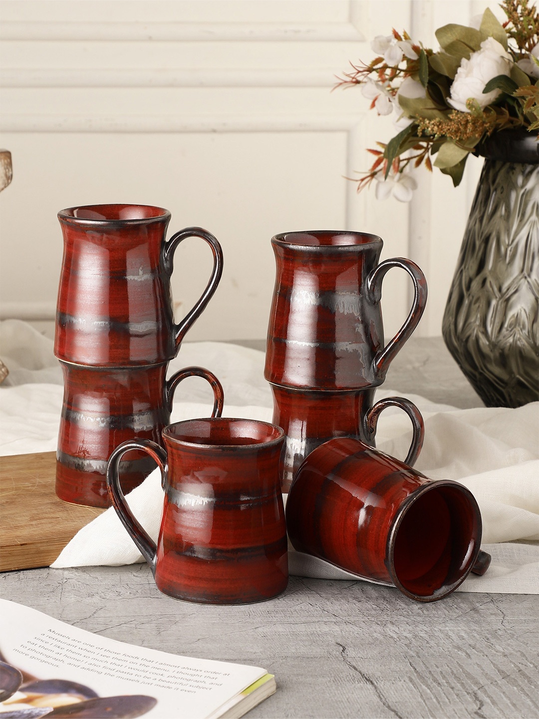 MIAH Decor Pack of 6 Red Textured Stoneware Glossy Cups