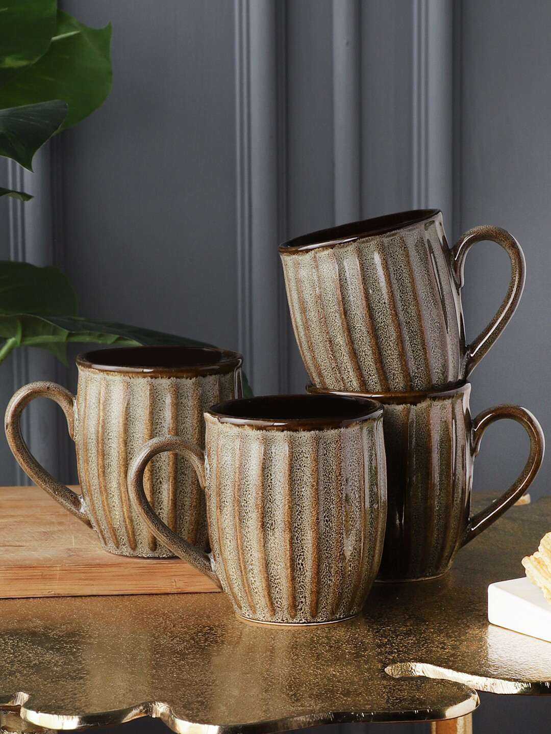 

MIAH Decor Set of 4 Brown Textured Stoneware Glossy Cups