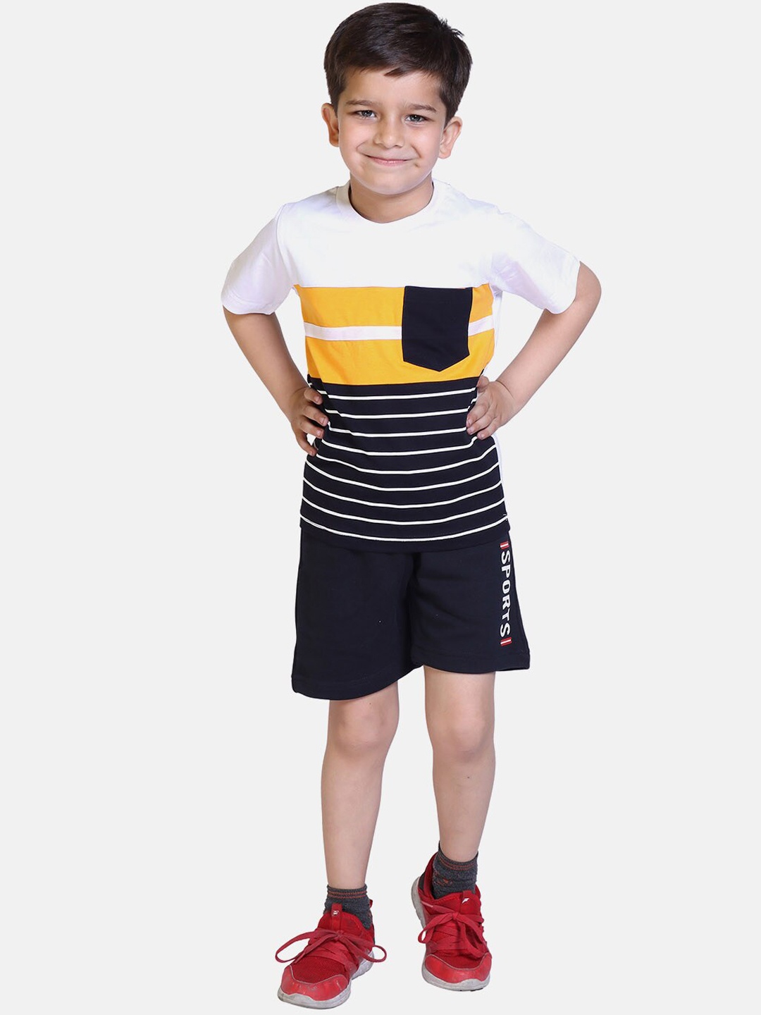 

KEPA Boys White & Mustard Yellow Printed T-shirt with Shorts