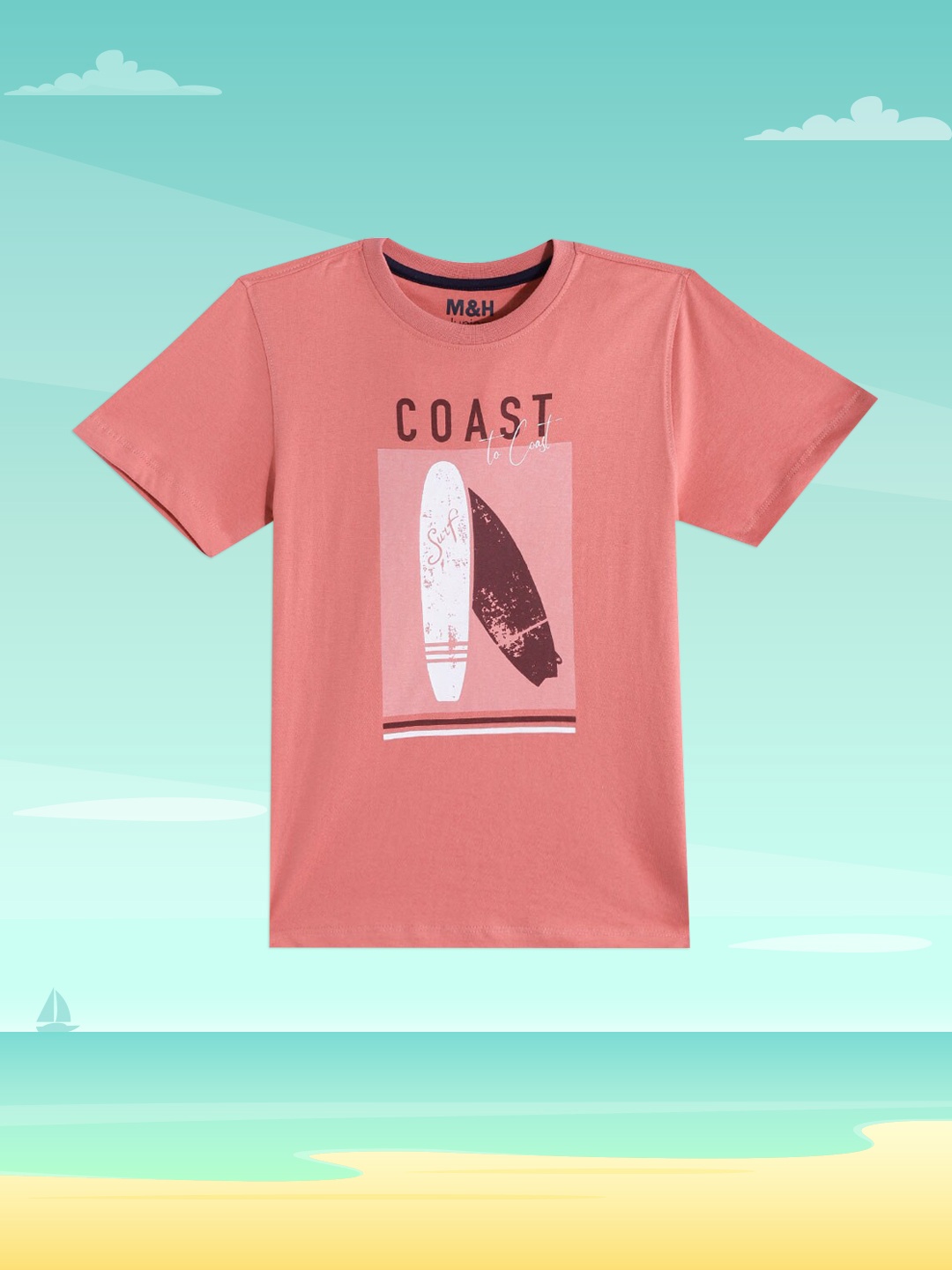 

M&H Juniors Boys Dusty Pink & White Pure Cotton Graphic Print T-shirt, Rose
