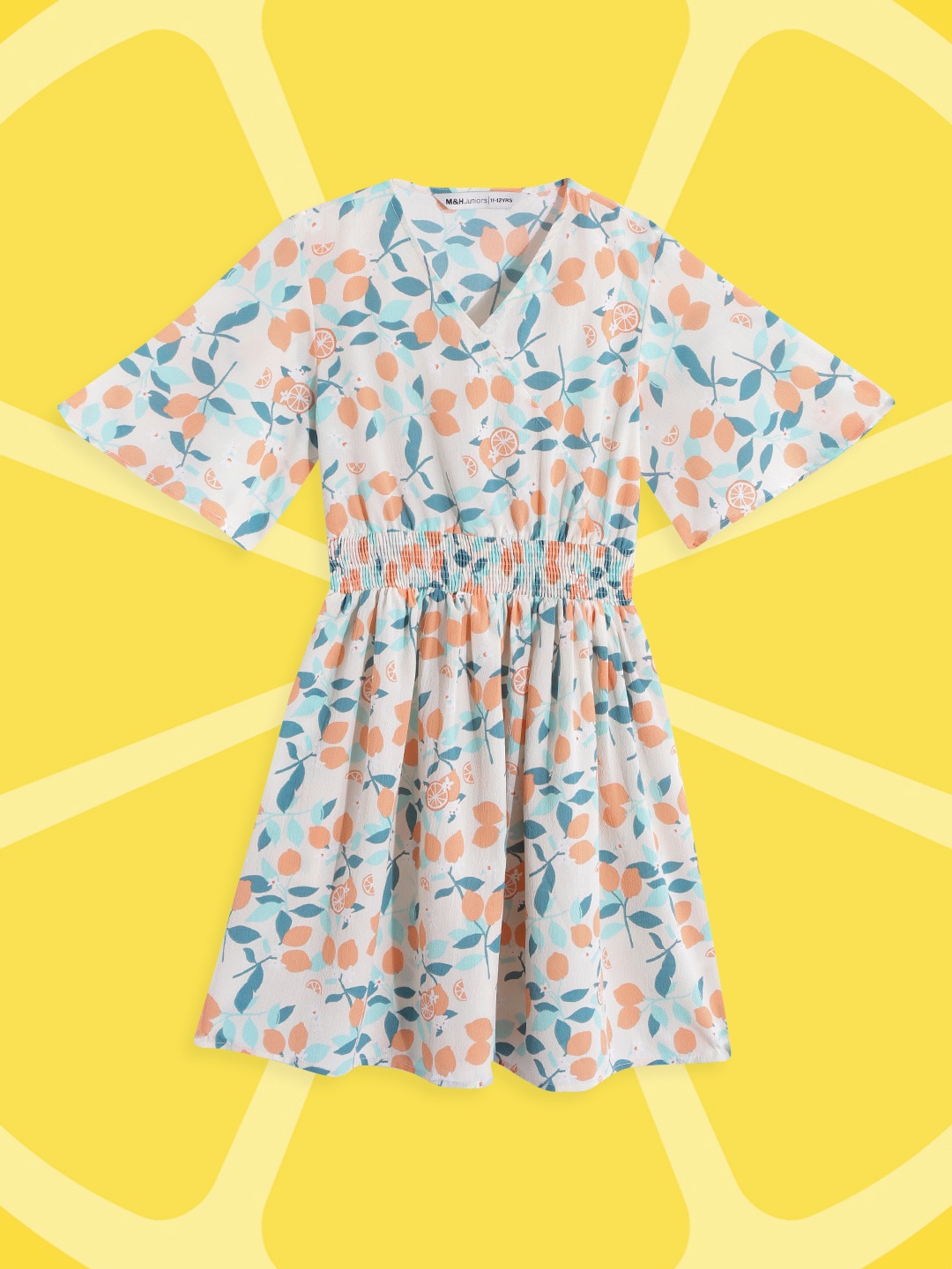

M&H Juniors Girls Off White & Orange Floral Print A-Line Dress
