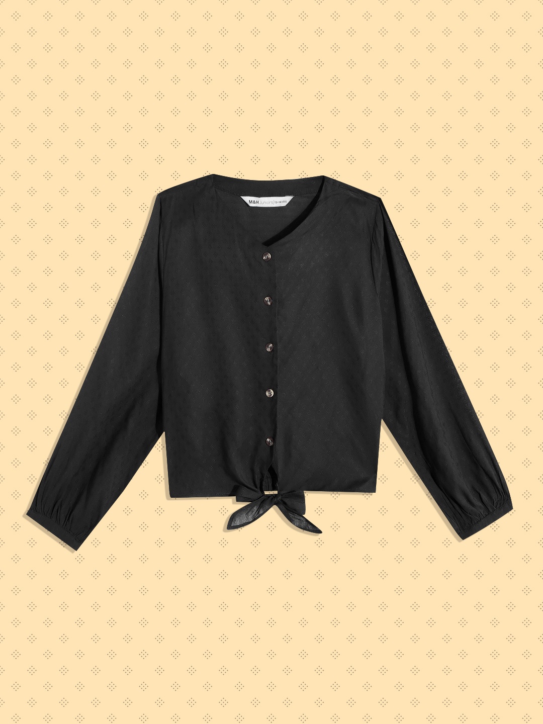 

M&H Juniors Girls Black Pure Cotton Geometric Woven Design Puff Sleeves Shirt Style Top