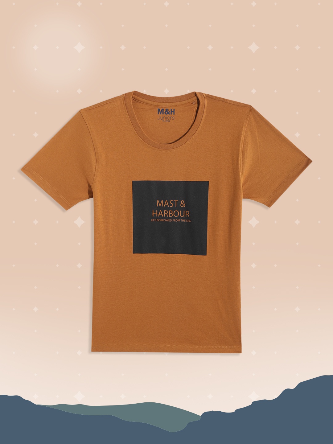 

M&H Juniors Boys Rust Orange & Navy Blue Brand Logo Printed T-shirt